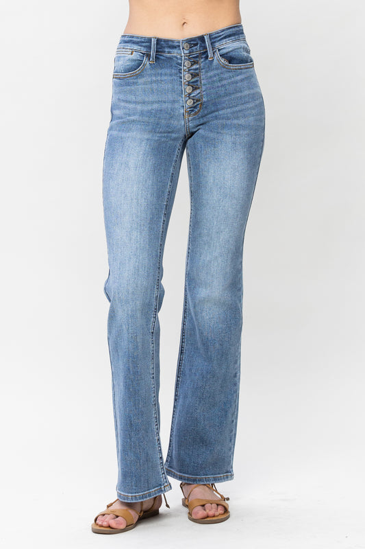 *Mid Rise Vintage Wash Button Fly Bootcut Jeans