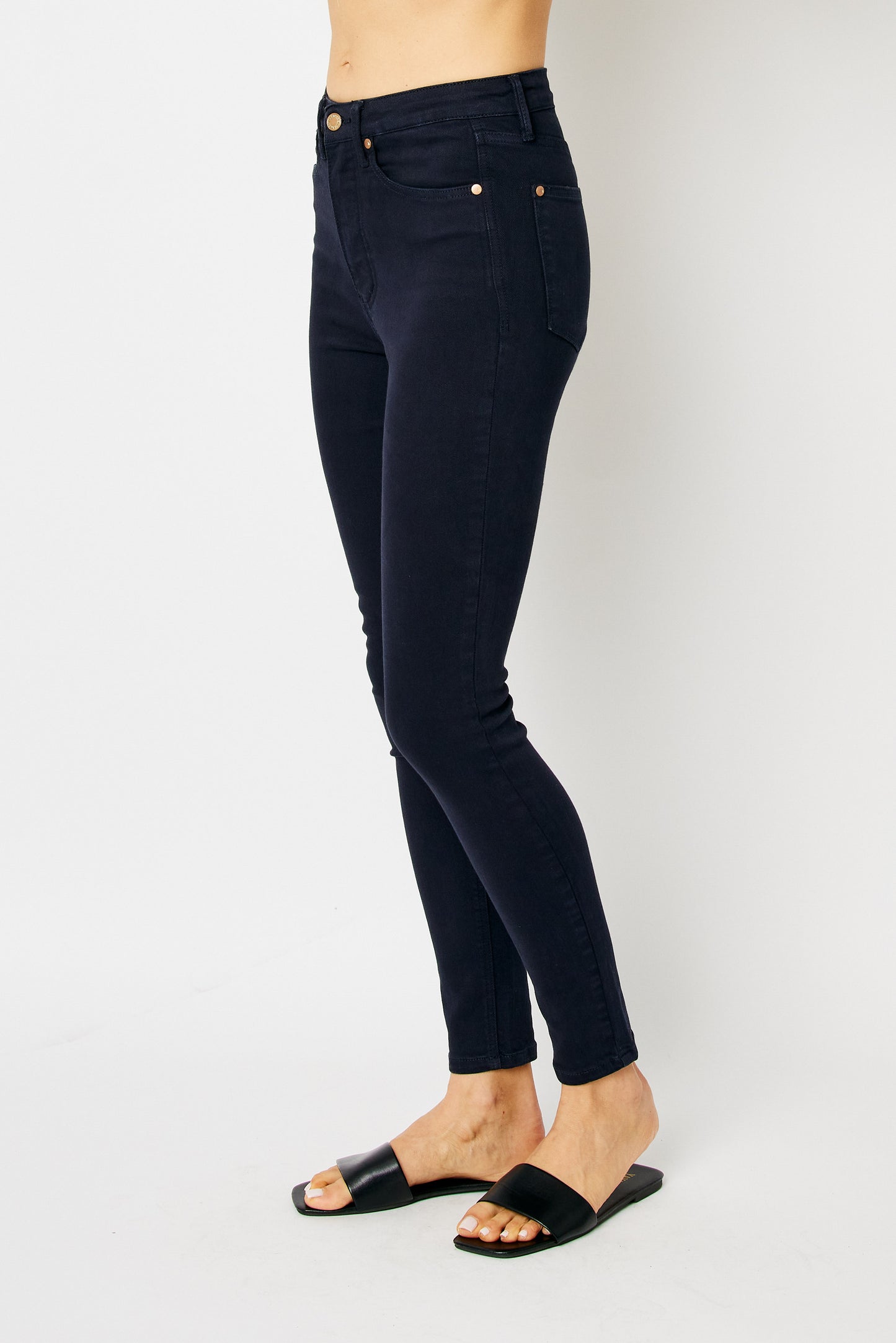 *High Waist Garment Dyed Tummy Control Skinny Jeans Navy