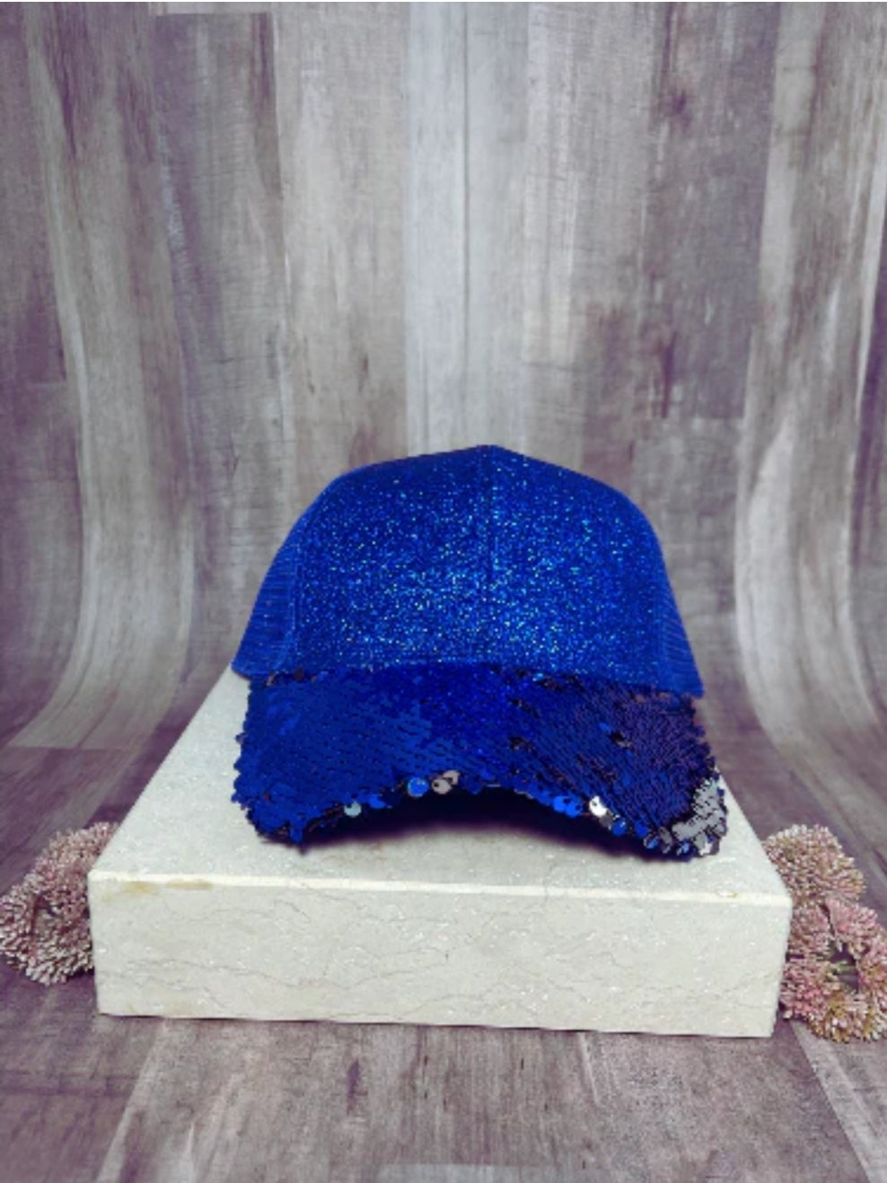 Blue Glitter & Sequin Ponytail Hat