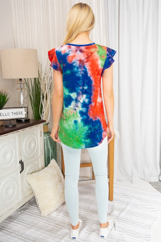 Ruffled Short Sleeve Tie Dye Top