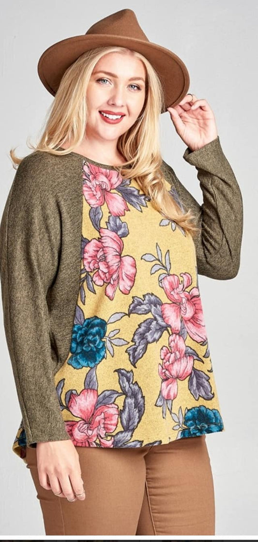 *Olive & Mustard Floral Raglan Top