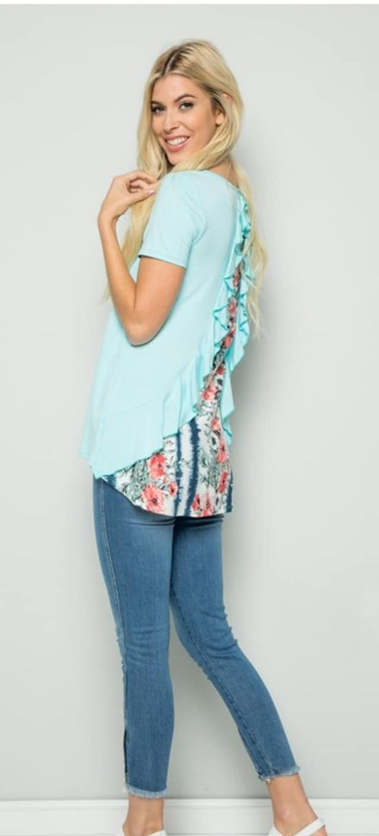 *Solid Tee with Decorative Back White/Mint Plus Size