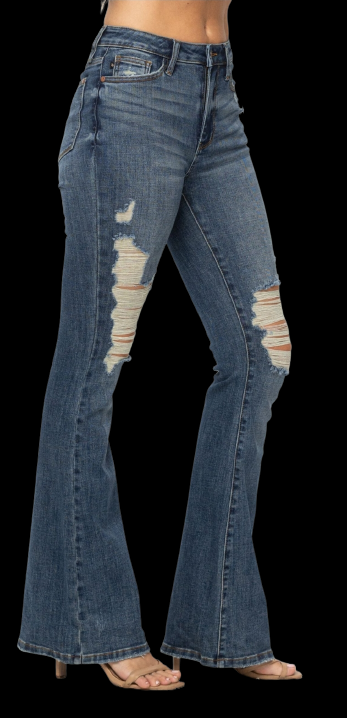 High Waist Distressed Flair Jeans Long