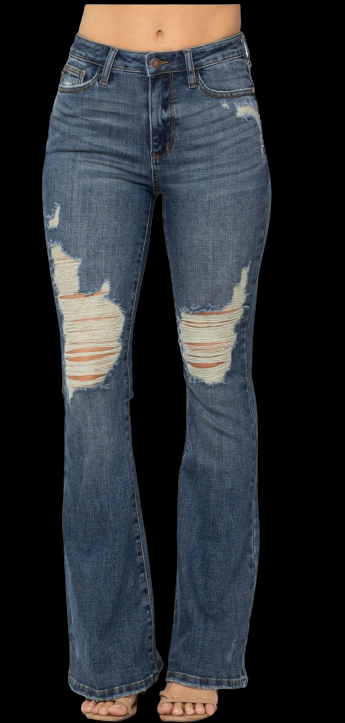 High Waist Distressed Flair Jeans Long