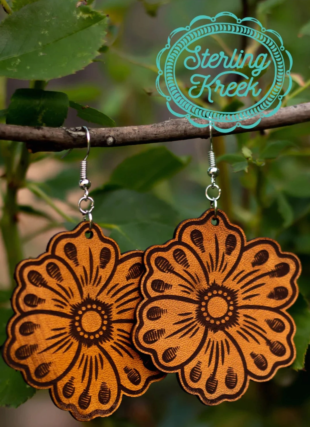 Leather Floral Tooled Earrings