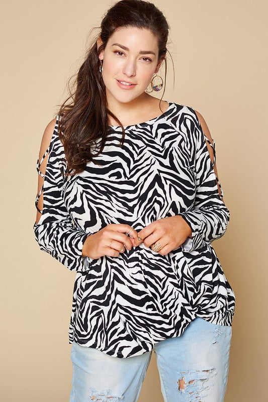 *Zebra Criss-Cross Cold Shoulder Top